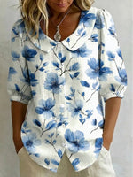 Women's Vintage Floral Art Print Cotton Linen Top