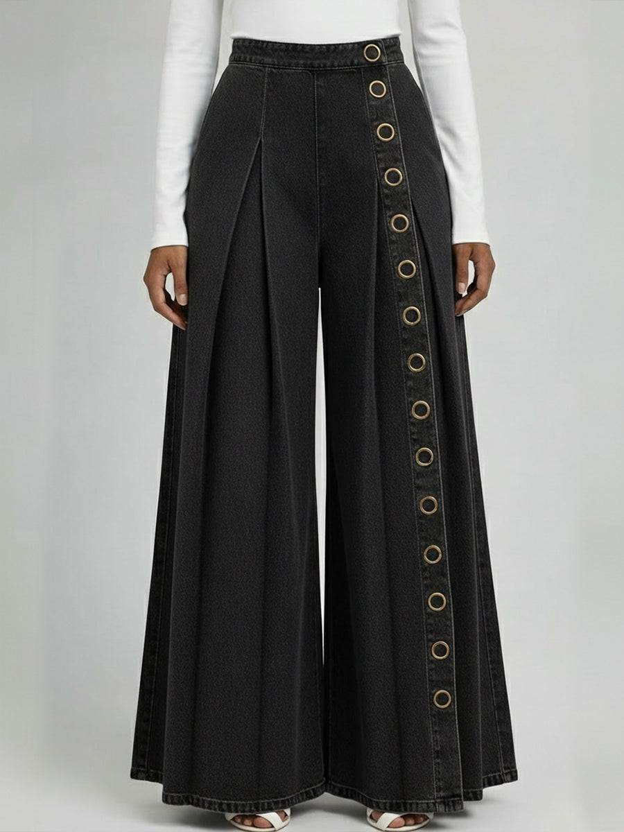 Casual Denim Wide-leg Pants With Metal Ring Embellishments.