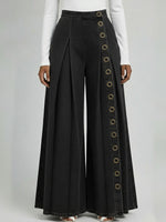 Casual Denim Wide-leg Pants With Metal Ring Embellishments.