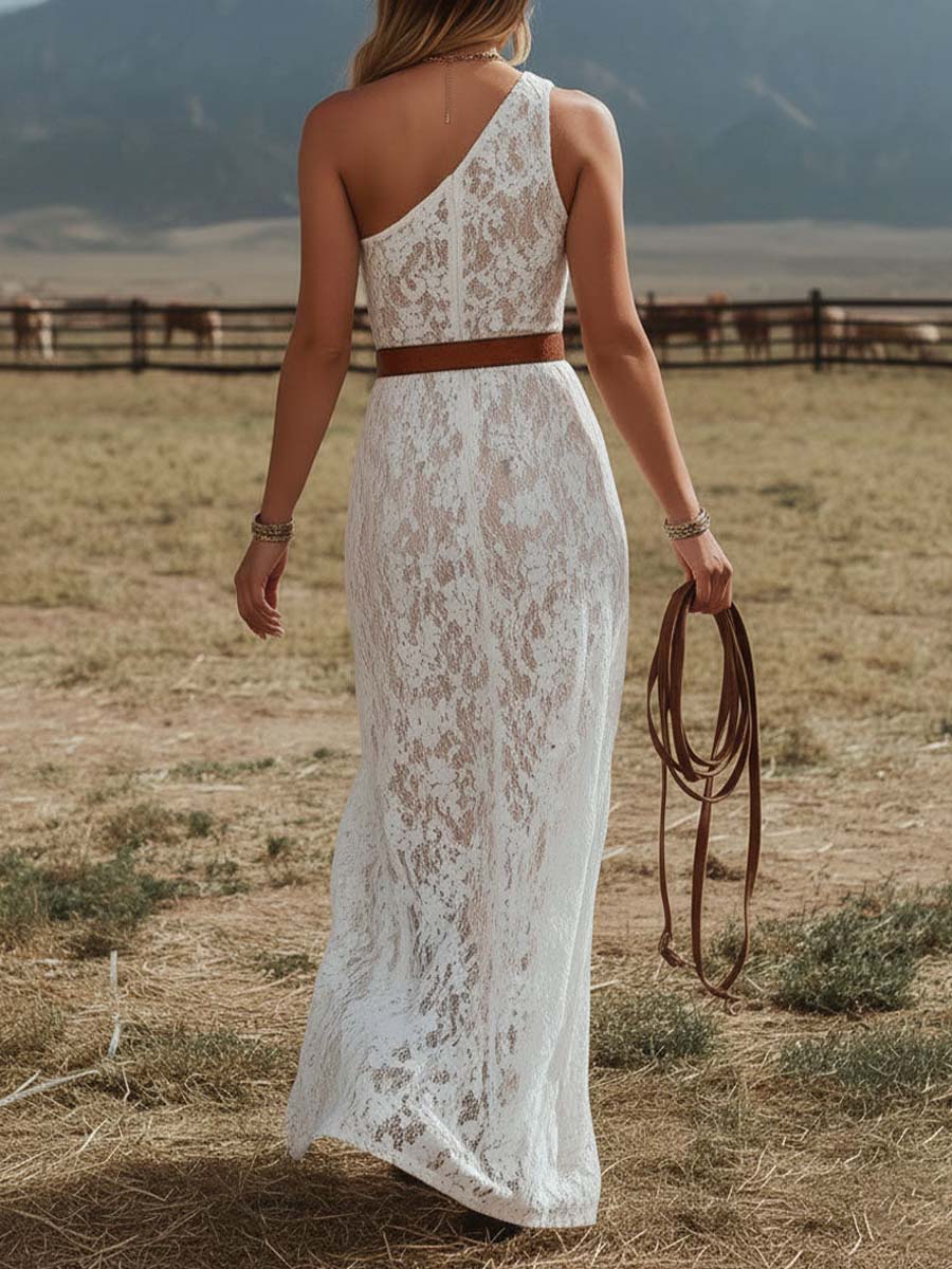 Women's Off-shoulder Sleeveless Loose-fit Lace A-line Casual Dress