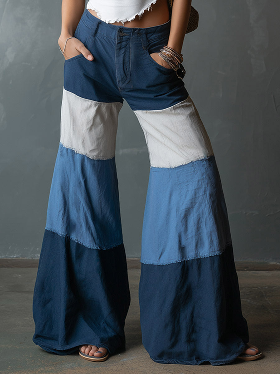 Women's High-waisted Loose-fit Color-block Wide-leg Pants