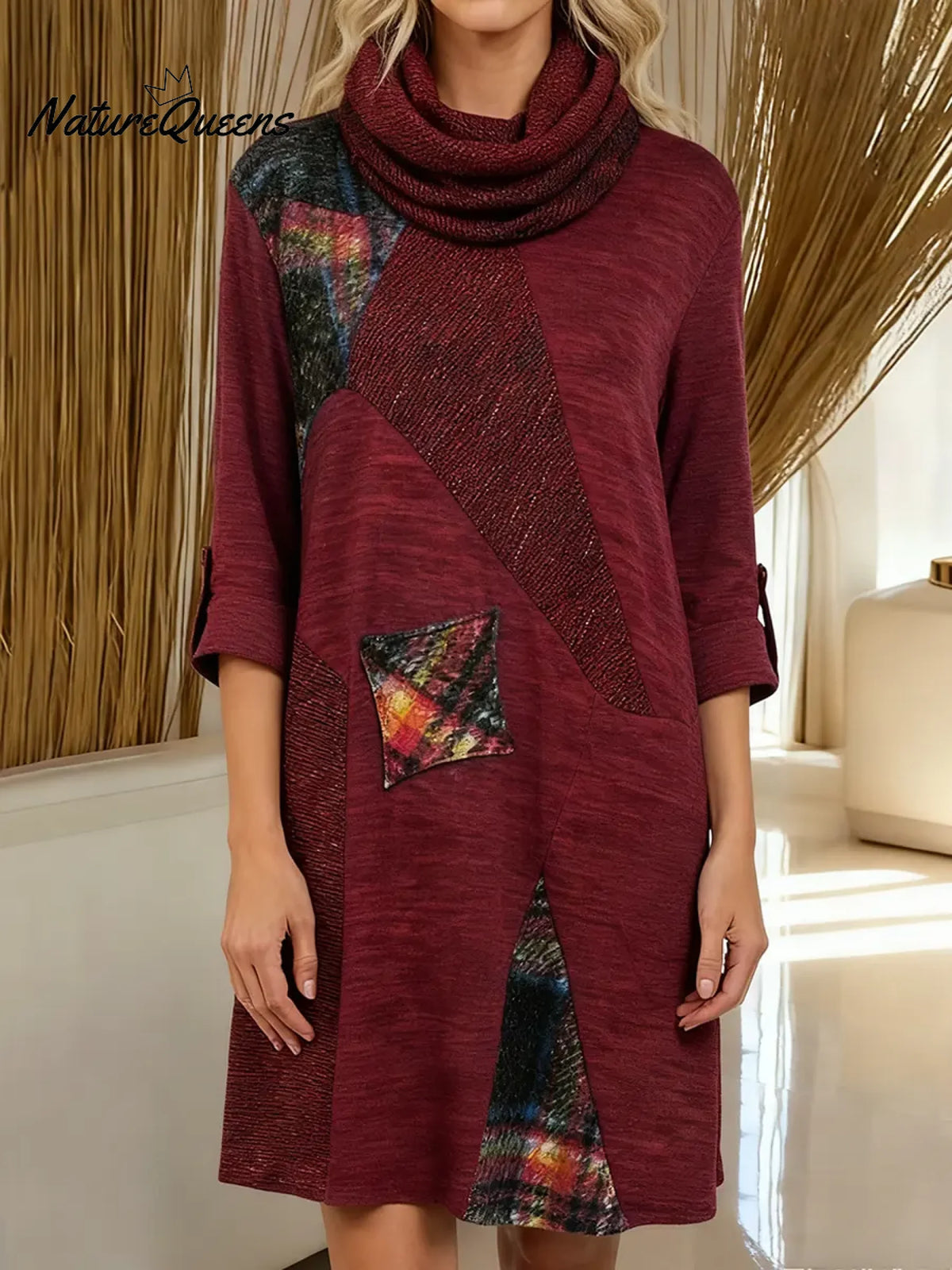 Women's Geometric Patchwork Print Swing Neck Long Sleeve Casual Loose Knit Top