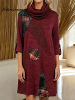 Women's Geometric Patchwork Print Swing Neck Long Sleeve Casual Loose Knit Top