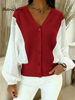 Women's Knitted Patchwork White Woven Fabric Batwing Sleeve Cardigan