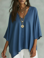 Cozy V-neck Loose-fitting Denim Shirt Top