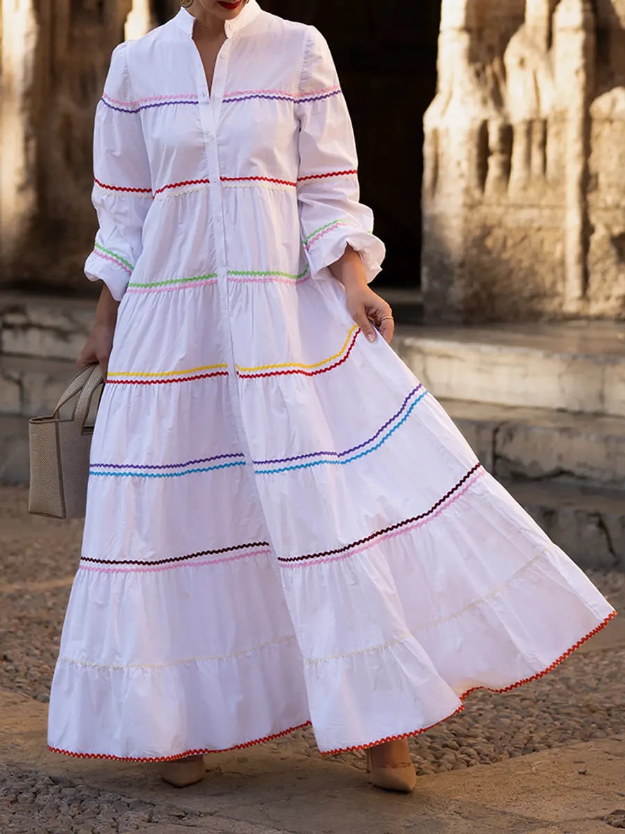 Women's Patchwork Colorful Woven Ribbon 100% Cotton Maxi Dress