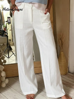 Classic Wooden Button Solid Color Linen Trousers