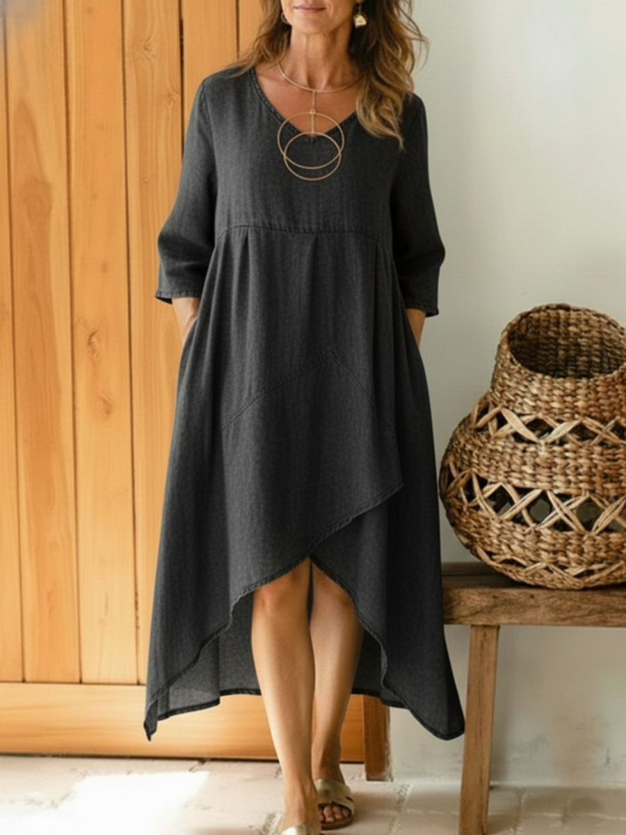 Casual V-neck Irregular Hem Denim Cotton Dress