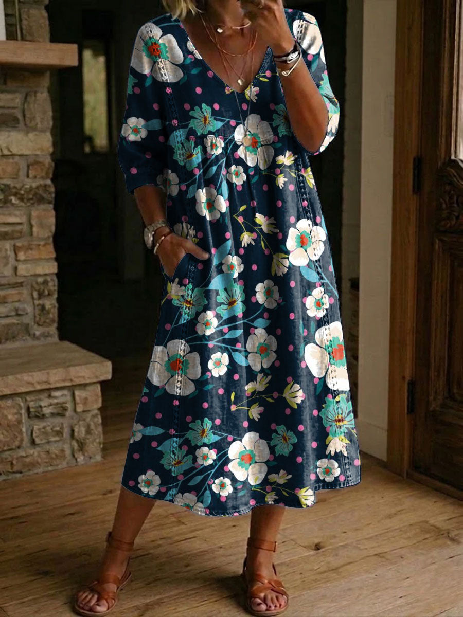 Women's Flower Print Casual Loose-fit Cotton-linen Dress With Lace Trim And Paneling