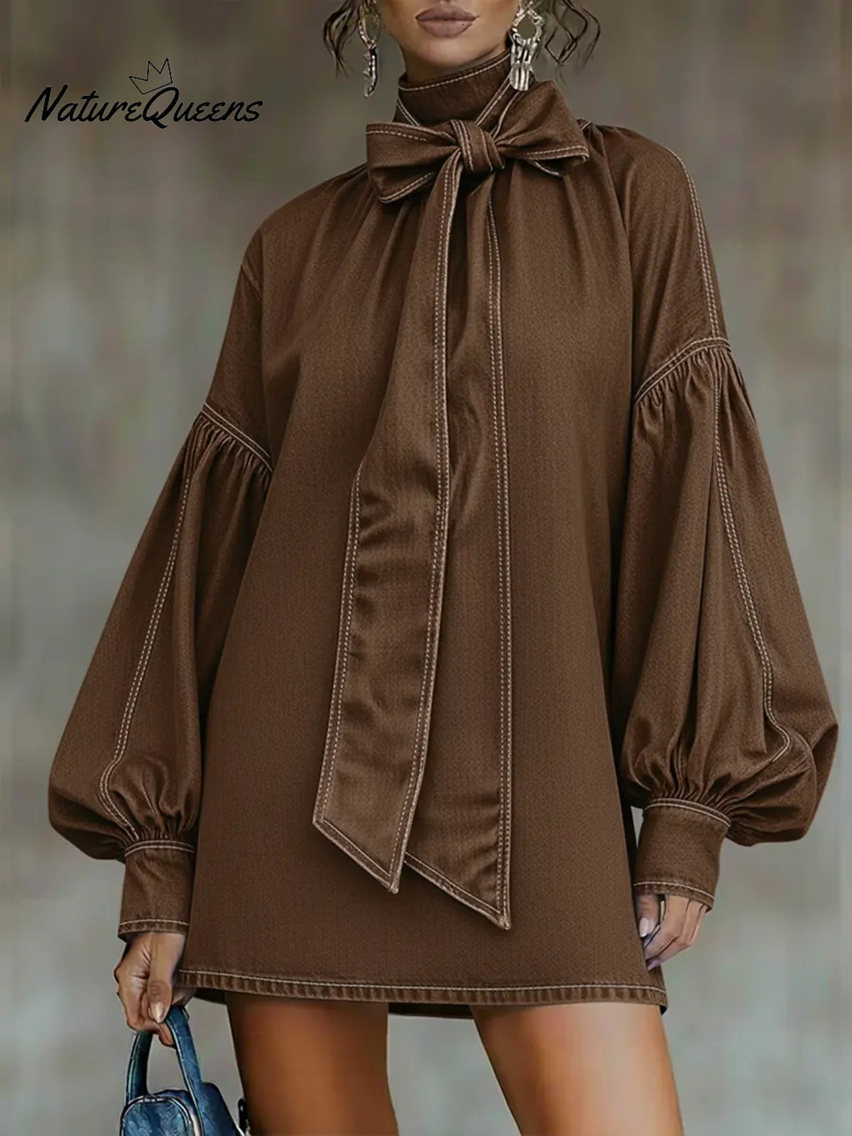 Women's High-neck, Bow-tie, Puff-sleeve Denim Cotton Mini Dress