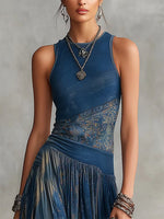 Tie-dye Print Sleeveless Crew Neck Cinched Waist Swing Dress