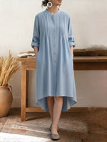 Women's Solid Color Stand-collar Long-sleeved Casual Loose Cotton And Linen Shirt Dress