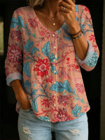 Women's Vintage Floral Pattern Art Print Casual Cotton Linen Shirt