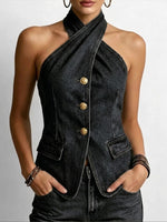 Stylish Casual Halter-neck Denim Top