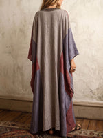 Women's Retro Geometric Print V-neck Long-sleeve Casual Loose Cotton-linen Dress