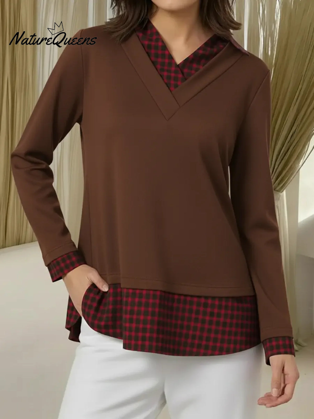 Women's Comfortable Plaid Patchwork Cotton Top