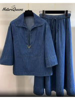 Women's Lapel Denim Cotton Shirt And Skirt Two-piece Set