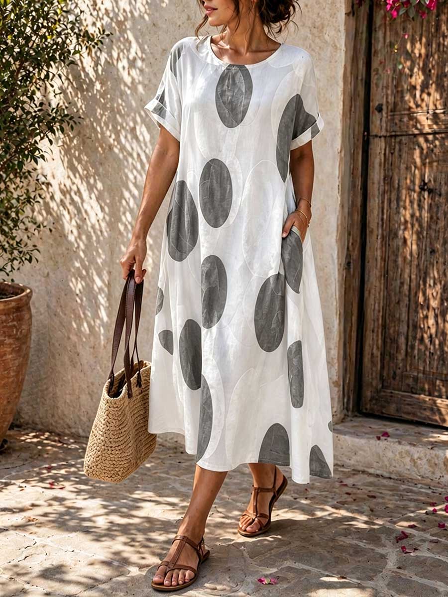 Women's Casual Loose Cotton-linen Dress With Abstract Print Round Neck And Short Sleeves