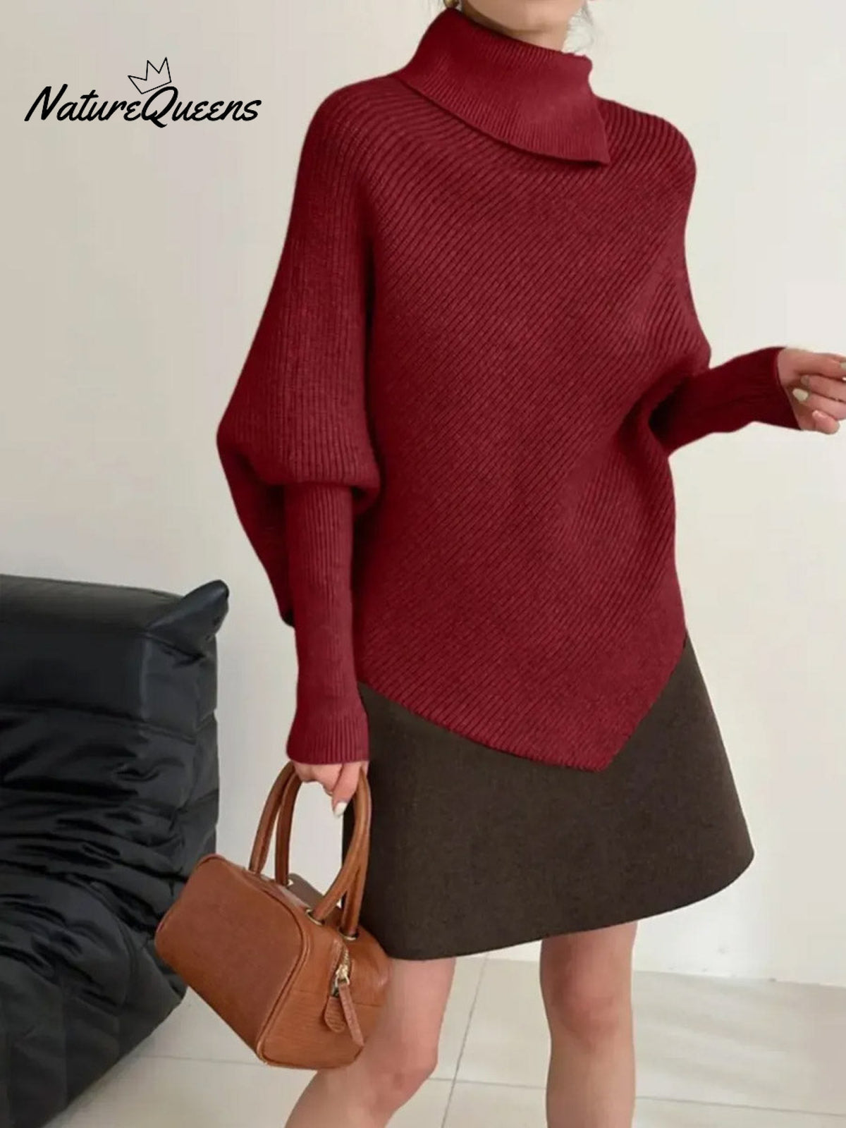 Women's Solid Color High-neck Batwing Sleeve Casual Loose Knit Sweater