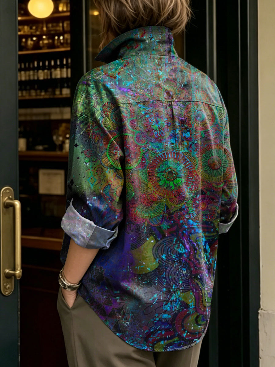 Women's Artistic Floral Print Metal-button Shirt