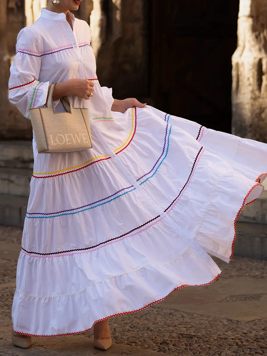 Women's Patchwork Colorful Woven Ribbon 100% Cotton Maxi Dress