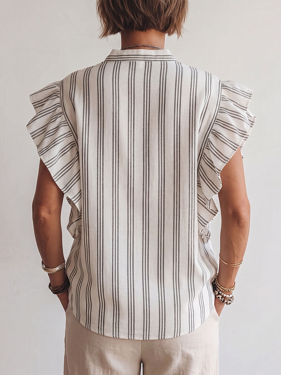 Top informal holgado de algodón y lino con cuello en V y estampado de rayas para mujer.