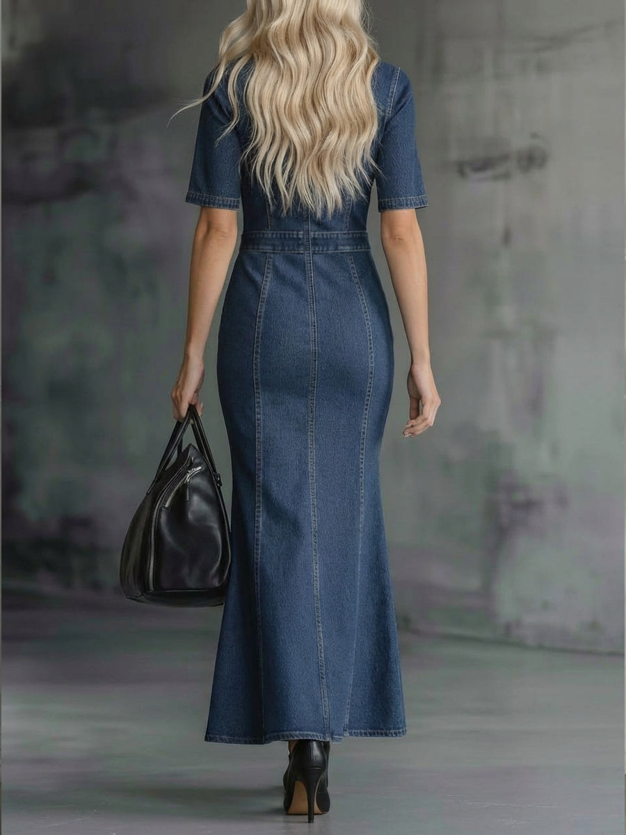 Casual Zippered Denim Fishtail Dress