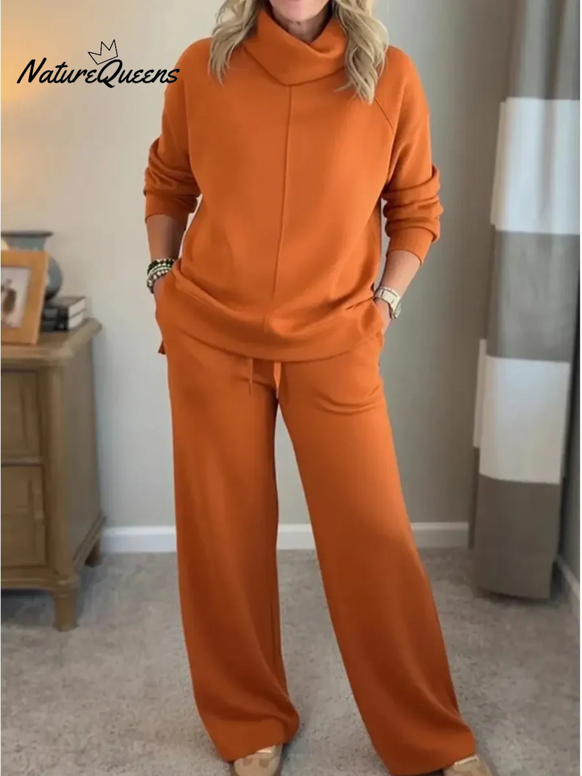 Women's Casual Turtleneck Cotton Sweatshirt And Pants Two-piece Set