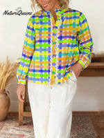 Women's Striped Print Shirt Collar Long Sleeve Casual Loose Cotton Linen Top