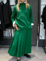 Women's Solid Color Stand-collar Long-sleeved Loose-fitting Knitted Top And High-waisted Loose A-line Skirt Set.