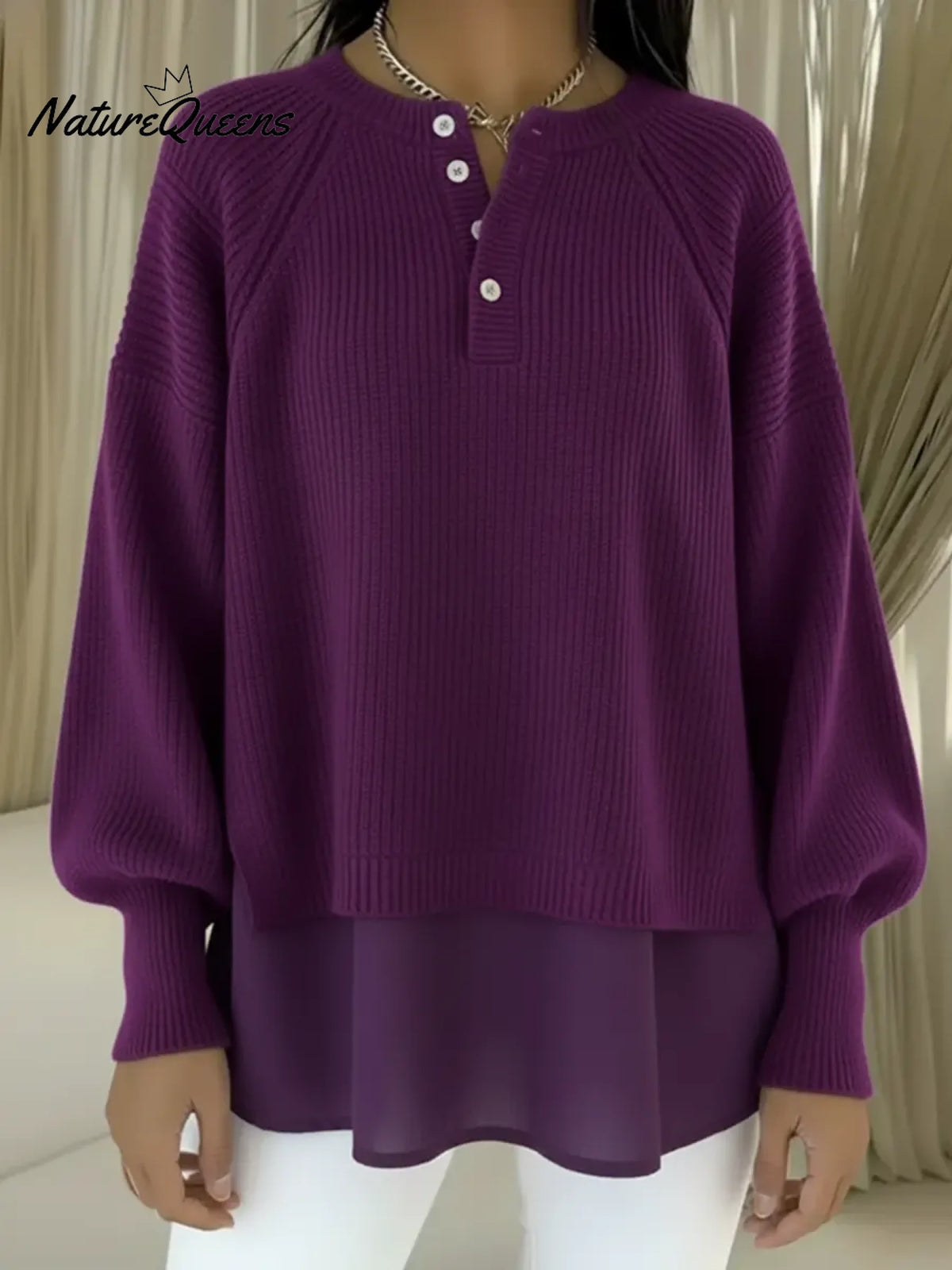 Women's Patchwork Chiffon Comfortable Henley Collar Sweater