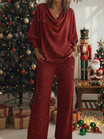 Christmas Cozy Cowl Collar Shiny Knitted Top And Pants Two-piece Set