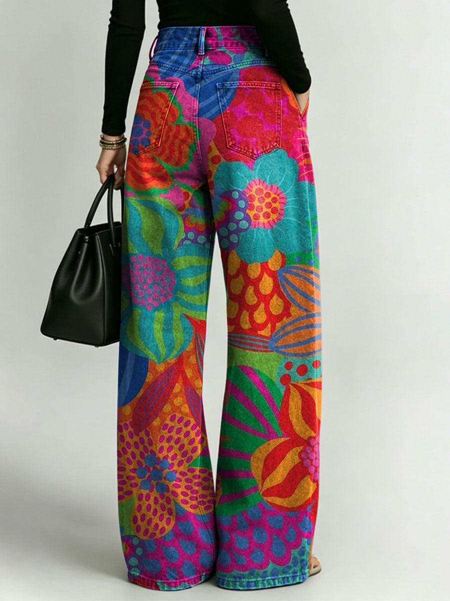 Women's Retro Colors Flowers Print Casual Straight-leg Pants