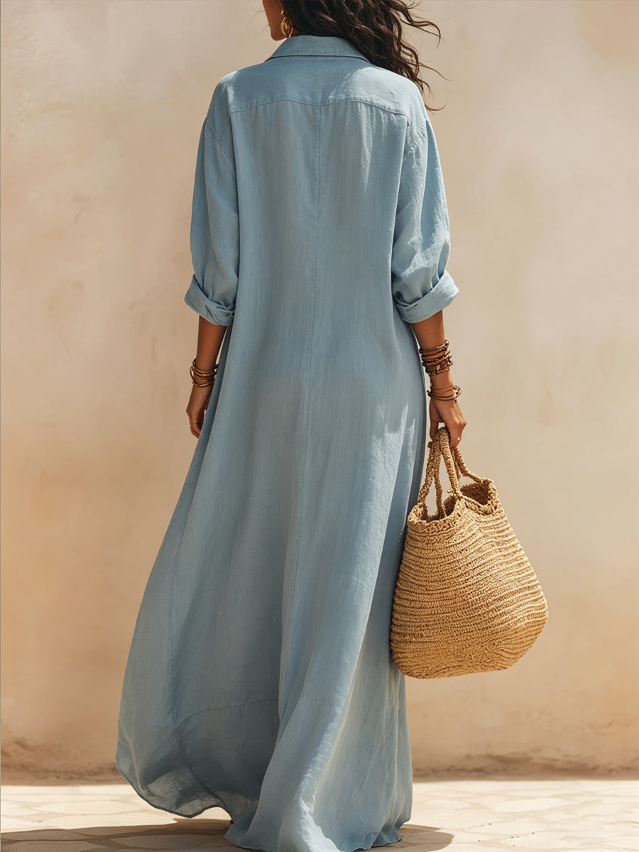 Women's Simple And Gentle Style Cotton And Linen Shirt Dress