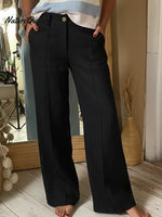 Classic Wooden Button Solid Color Linen Trousers