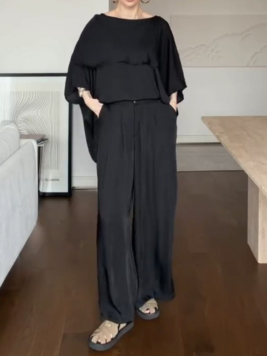 Women's Solid-color Round-neck 3/4-sleeve Loose Casual Top & High-waisted Wide-leg Pants Set