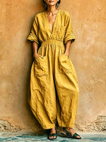 Women's Solid-color V-neck 3/4-sleeve Casual Loose Cotton-linen Wide-leg Jumpsuit