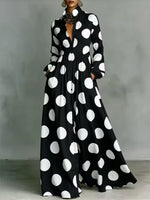 Women's Polka Dot Print Shirt-collar Long-sleeve Casual Loose A-line Dress