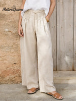 Women's Solid Color High-waisted Pleated Casual Loose Cotton And Linen Wide-leg Pants