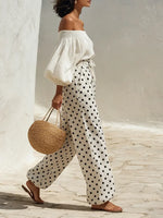 Women's Vacation-style Off-shoulder Top With Polka Dot Wide-leg Pants Set