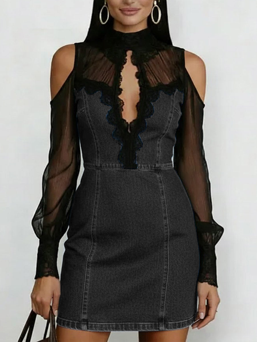 Women's Stand Collar Long Sleeve Chiffon Patchwork Casual Slim Denim Dress