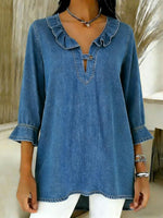 Women's V-neck 3/4 Sleeve Casual Loose Denim Top