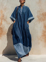Paneled Denim-blue Cotton-linen Stand-collar Dress