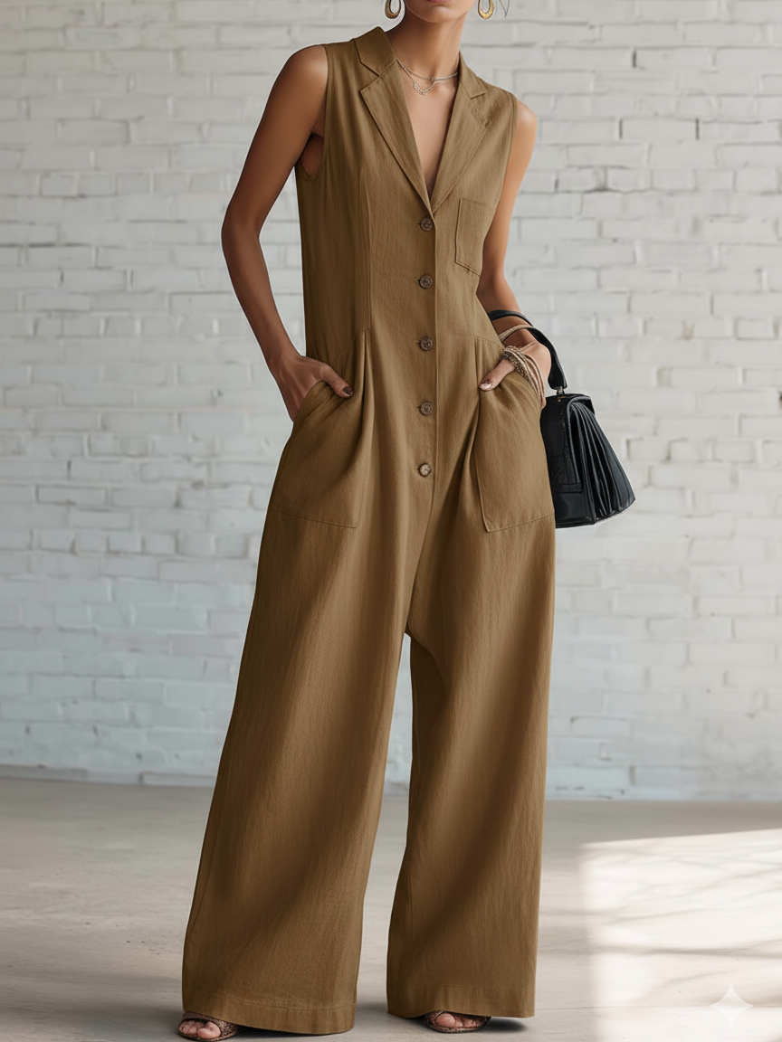 Elegant Lapel Button-up Loose-fitting Linen Jumpsuit