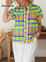 Women's Striped Print Shirt Collar Short Sleeve Casual Loose Cotton Linen Top