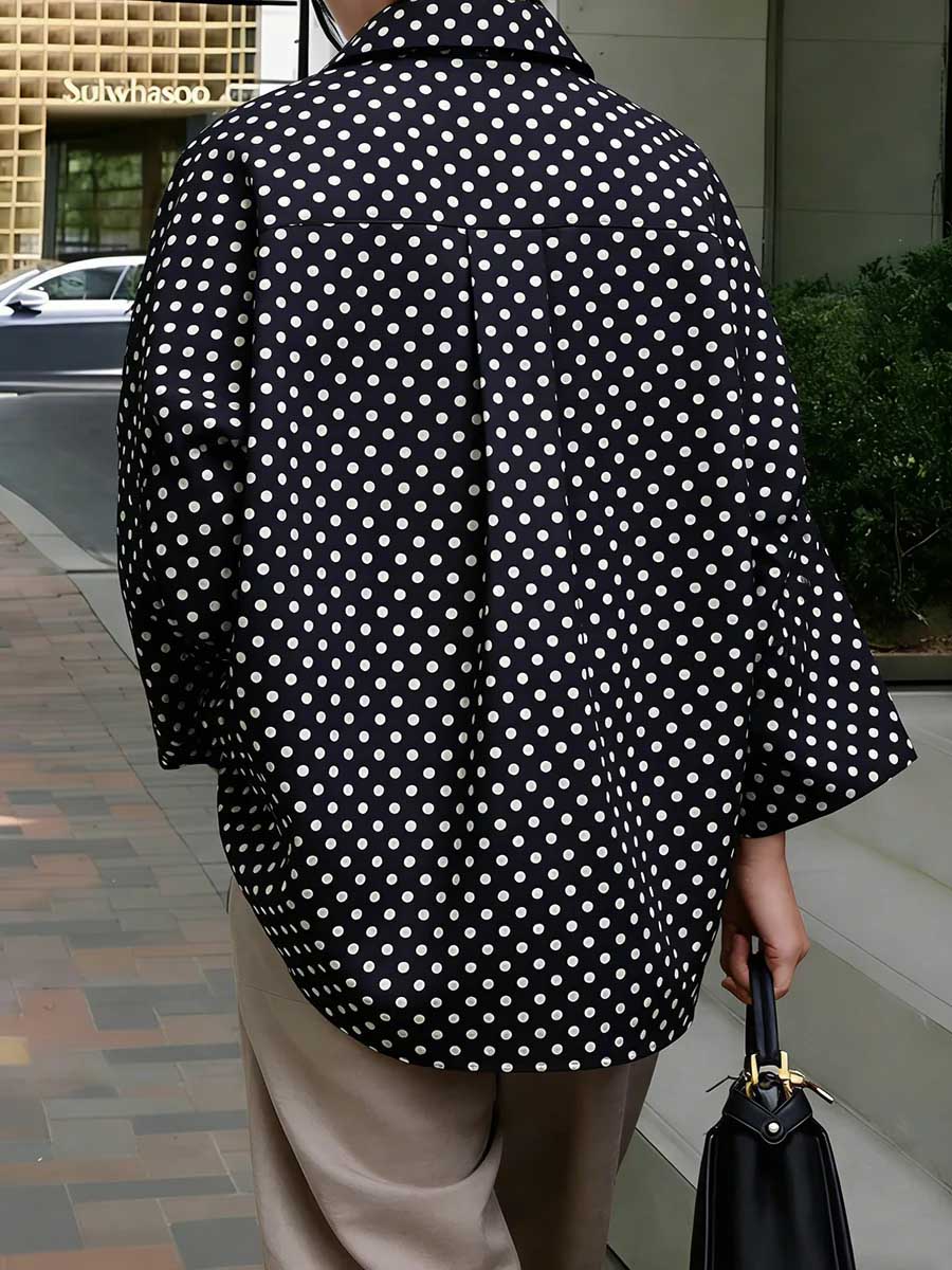 Women's Shirt-collar Long-sleeve Loose-fit Casual Top With Polka Dot Print