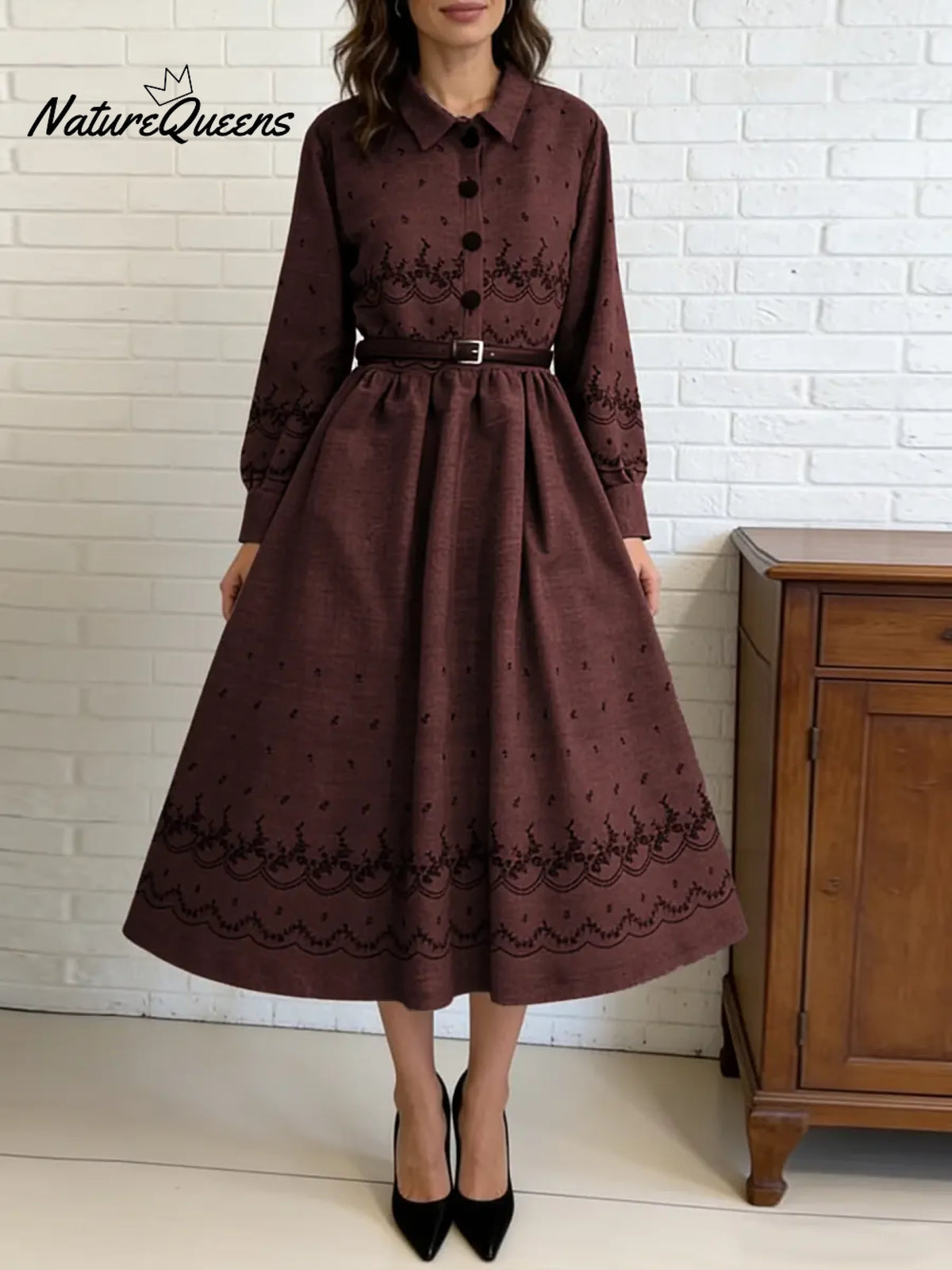 Women's Retro-style Print Shirt Collar Long Sleeve Casual Loose Cotton Dress