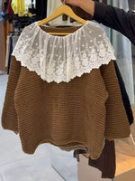 Women's Solid Color Round Neck Long Sleeve Lace-trimmed Casual Loose Knit Top