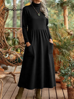 Women's Solid Color High-neck Long-sleeved Casual Loose-fit Velvet Dress