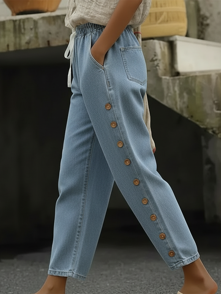 Casual Button-embellished Denim Pants